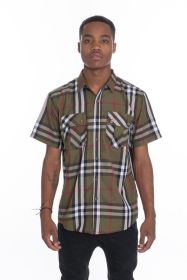 Weiv Men's Casual Short Sleeve Checker Shirts (Color: OLIVE, size: L)