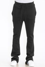 Mens Solid Fleece Flare Stacked PANTS (Color: Black, size: 32)