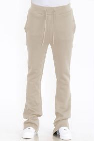 Mens Solid Fleece Flare Stacked PANTS (Color: OATMEAL, size: 36)