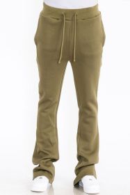 Mens Solid Fleece Flare Stacked PANTS (Color: OLIVE, size: 34)
